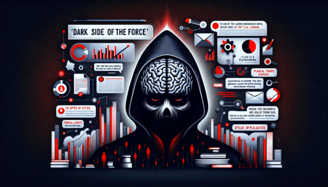 DALL·E 2023-11-08 00.51.06 – Create a wide infographic for a blog and LinkedIn article that metaphorically represents the ‘dark side of the force’ in reference to AI’s impact on c