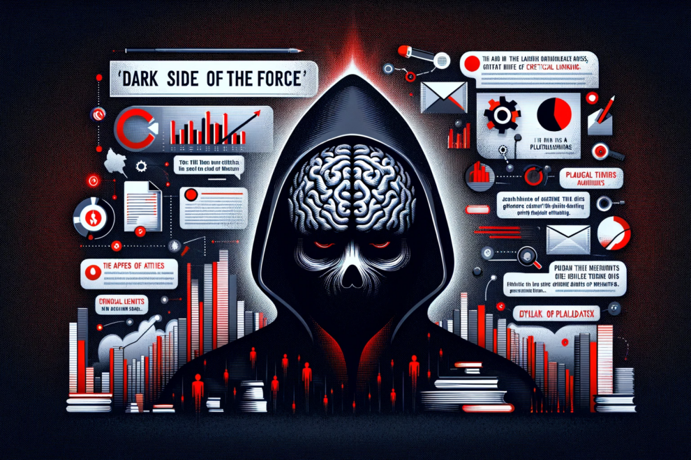 DALL·E 2023-11-08 00.51.06 – Create a wide infographic for a blog and LinkedIn article that metaphorically represents the ‘dark side of the force’ in reference to AI’s impact on c
