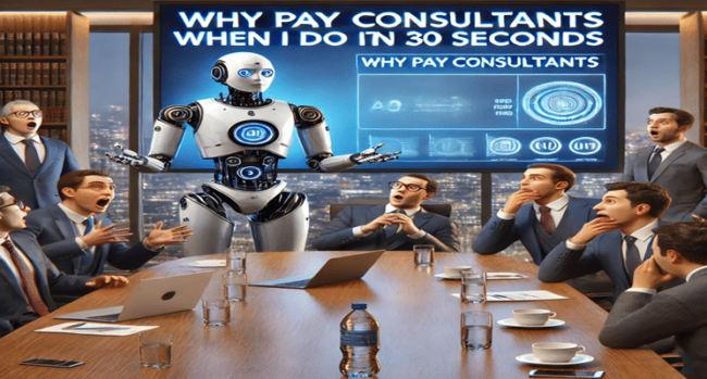 DALL·E 2025-03-05 10.52.51 – A realistic and humorous digital illustration of a business meeting where a sleek, futuristic AI-powered robot is presenting a PowerPoint slide to a g Consultant IA