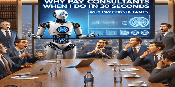 DALL·E 2025-03-05 10.52.51 – A realistic and humorous digital illustration of a business meeting where a sleek, futuristic AI-powered robot is presenting a PowerPoint slide to a g Consultant IA
